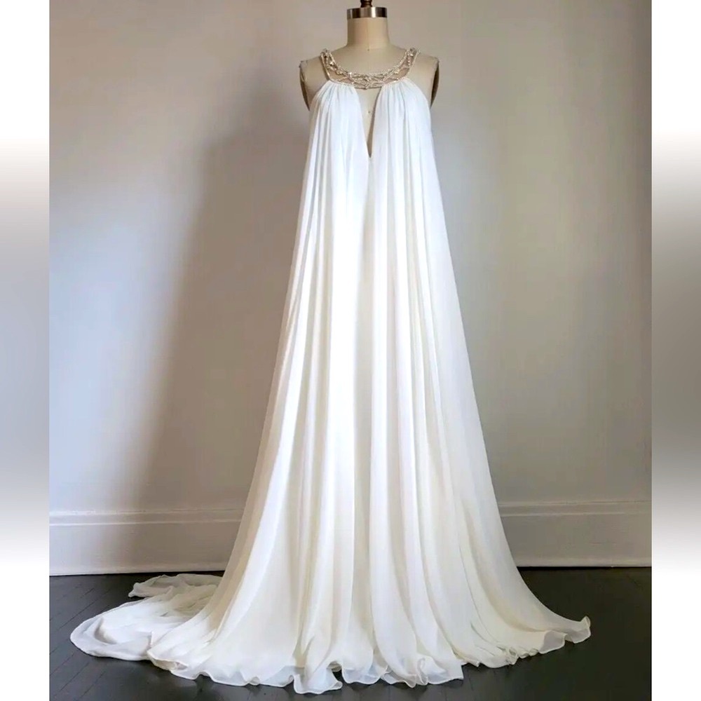 LILLIAN WEST   IVORY Grecian wedding gown with NUDE Illusion Beaded  Neck SZ 10